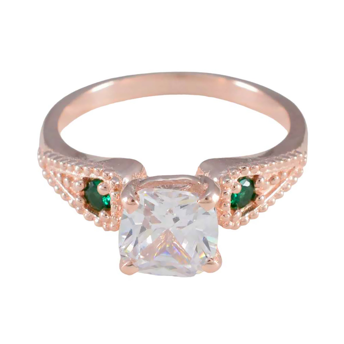 Riyo wenselijke zilveren ring met roségouden smaragdgroene CZ steen kussenvorm griffenzetting bruidssieraden Valentijnsdag ring