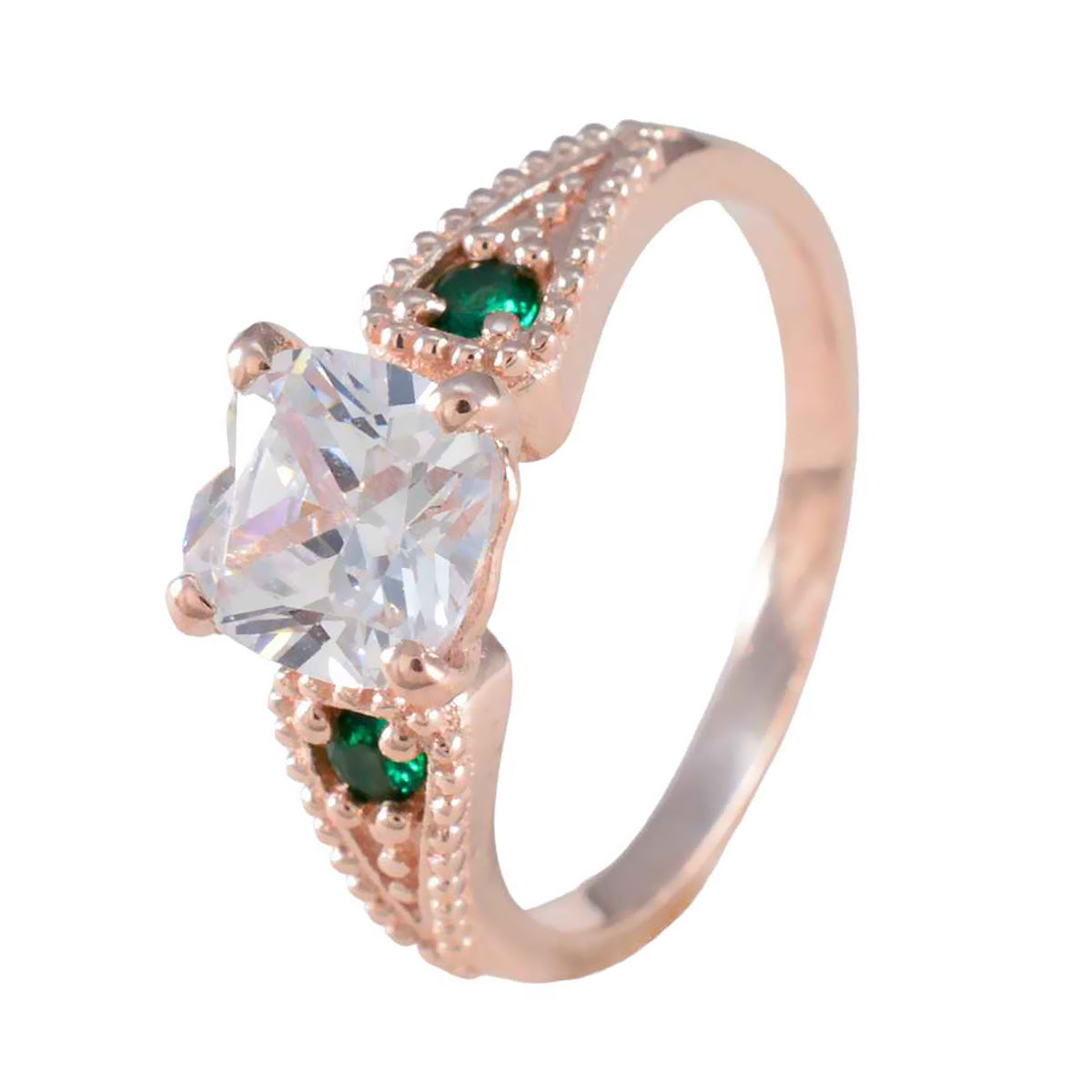 Riyo Desirable Silver Ring With Rose Gold Plating Emerald CZ Stone Cushion Shape Prong Setting Bridal Jewelry Valentines Day Ring