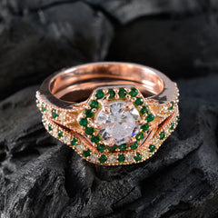 Riyo Elegant Silver Ring With Rose Gold Plating Emerald CZ Stone Round Shape Prong Setting Handamde Jewelry Wedding Ring