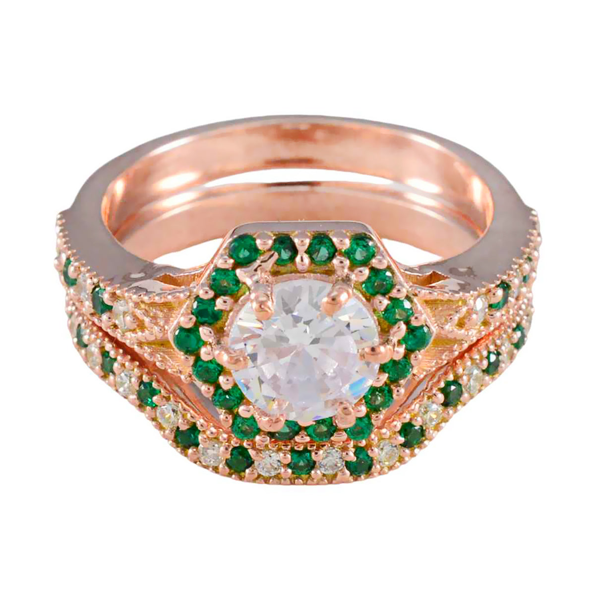 Riyo Elegant Silver Ring With Rose Gold Plating Emerald CZ Stone Round Shape Prong Setting Handamde Jewelry Wedding Ring