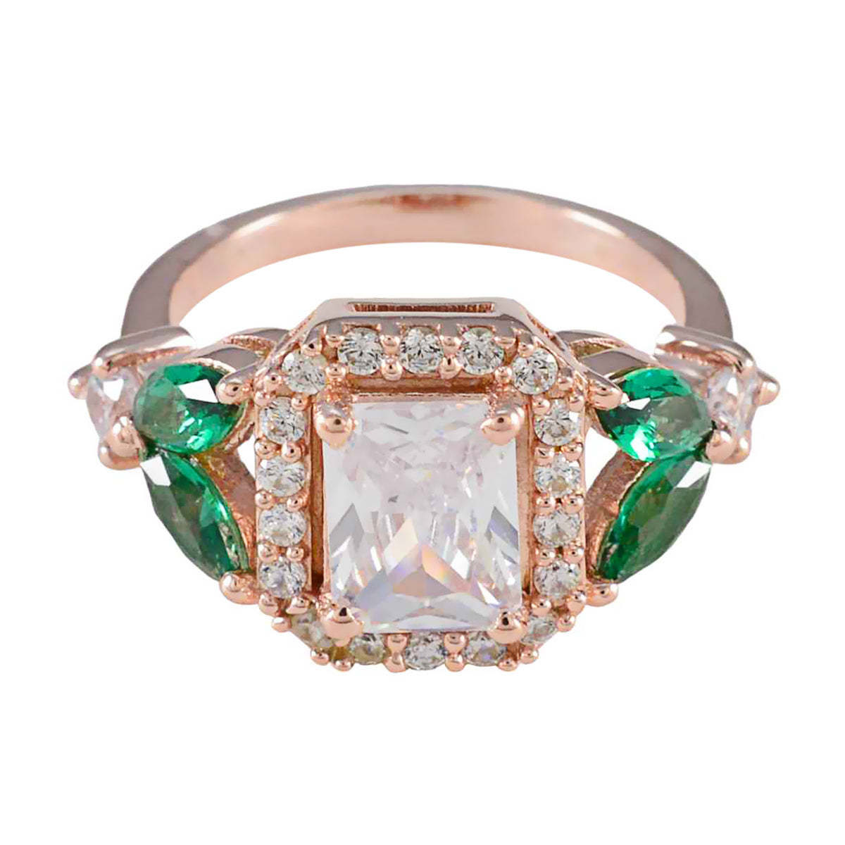 Riyo Excellent Silver Ring With Rose Gold Plating Emerald CZ Stone Octagon Shape Prong Setting Custom Jewelry Anniversary Ring