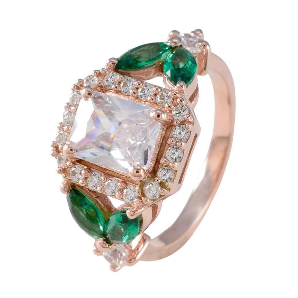 Riyo Uitstekende zilveren ring met roségouden smaragdgroene CZ-steen Octagon-vorm Prong-instelling Aangepaste sieraden Verjaardagsring