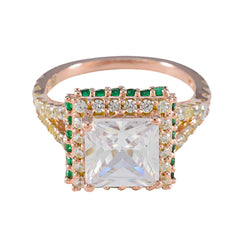 Riyo Excellent Silver Ring With Rose Gold Plating Emerald CZ Stone square Shape Prong Setting Stylish Jewelry Birthday Ring