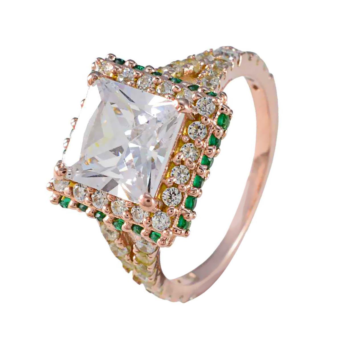 Riyo Excellent Silver Ring With Rose Gold Plating Emerald CZ Stone square Shape Prong Setting Stylish Jewelry Birthday Ring
