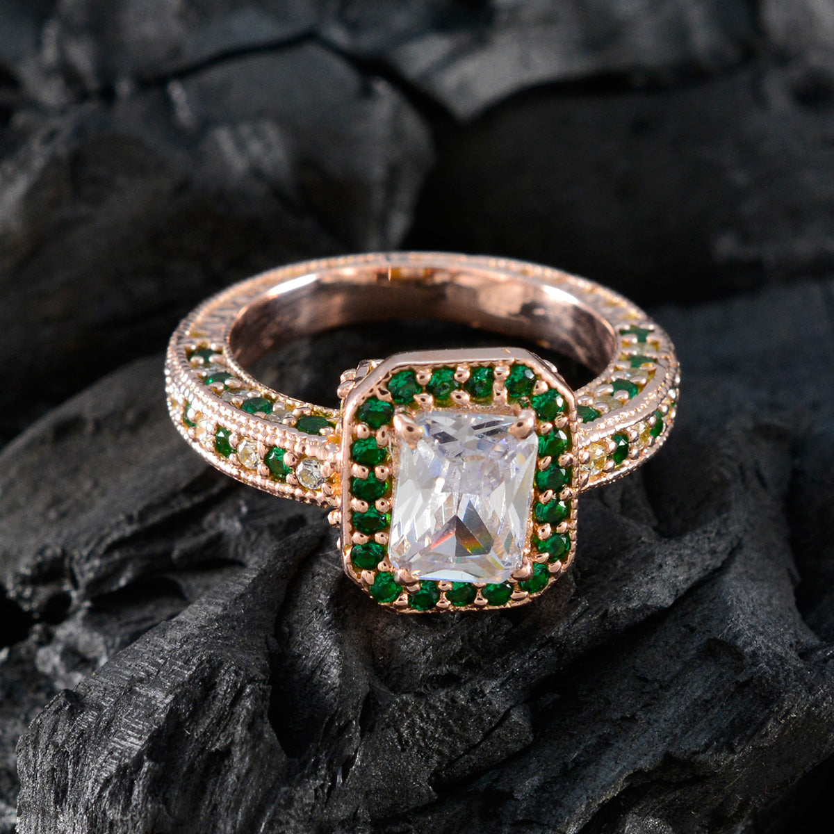 Riyo Exporteur Zilveren Ring Met Rose Gold Plating Emerald CZ Steen Achthoekige Vorm Prong Setting Mode-sieraden Black Friday Ring