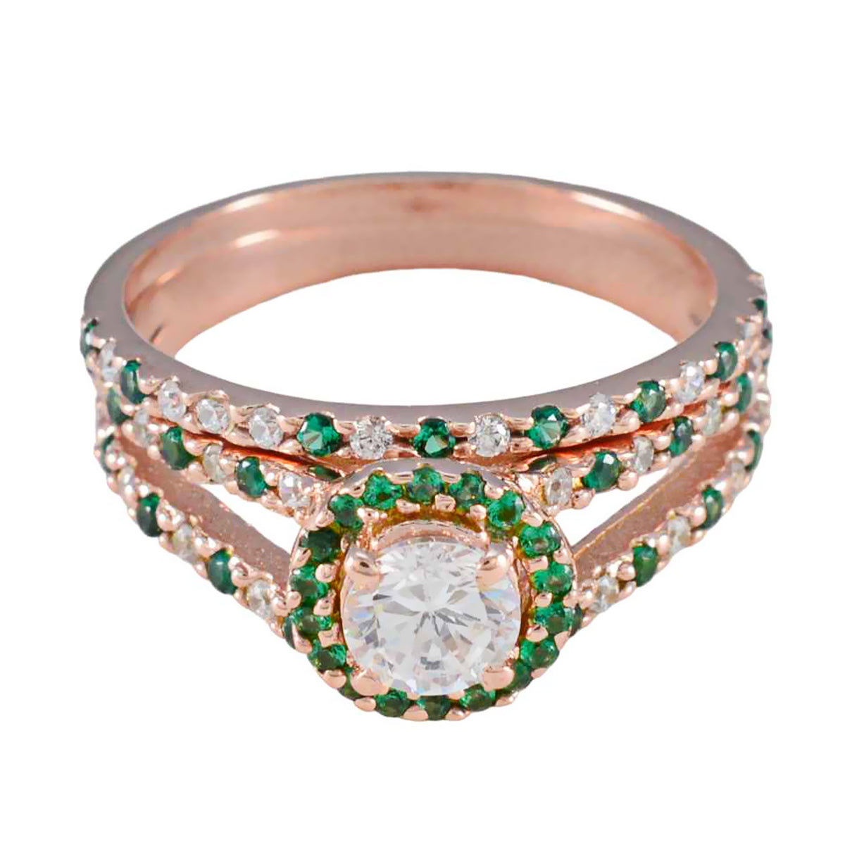 riyo omfattande silverring med roséguldplätering smaragd cz sten rund form stift inställning designer smycken julring