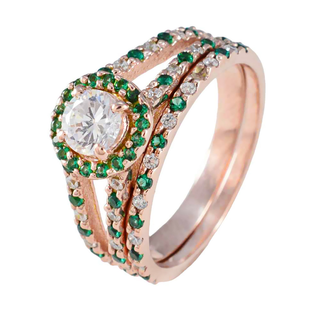 Riyo Extensive Silver Ring With Rose Gold Plating Emerald CZ Stone Round Shape Prong Setting Designer Jewelry Christmas Ring