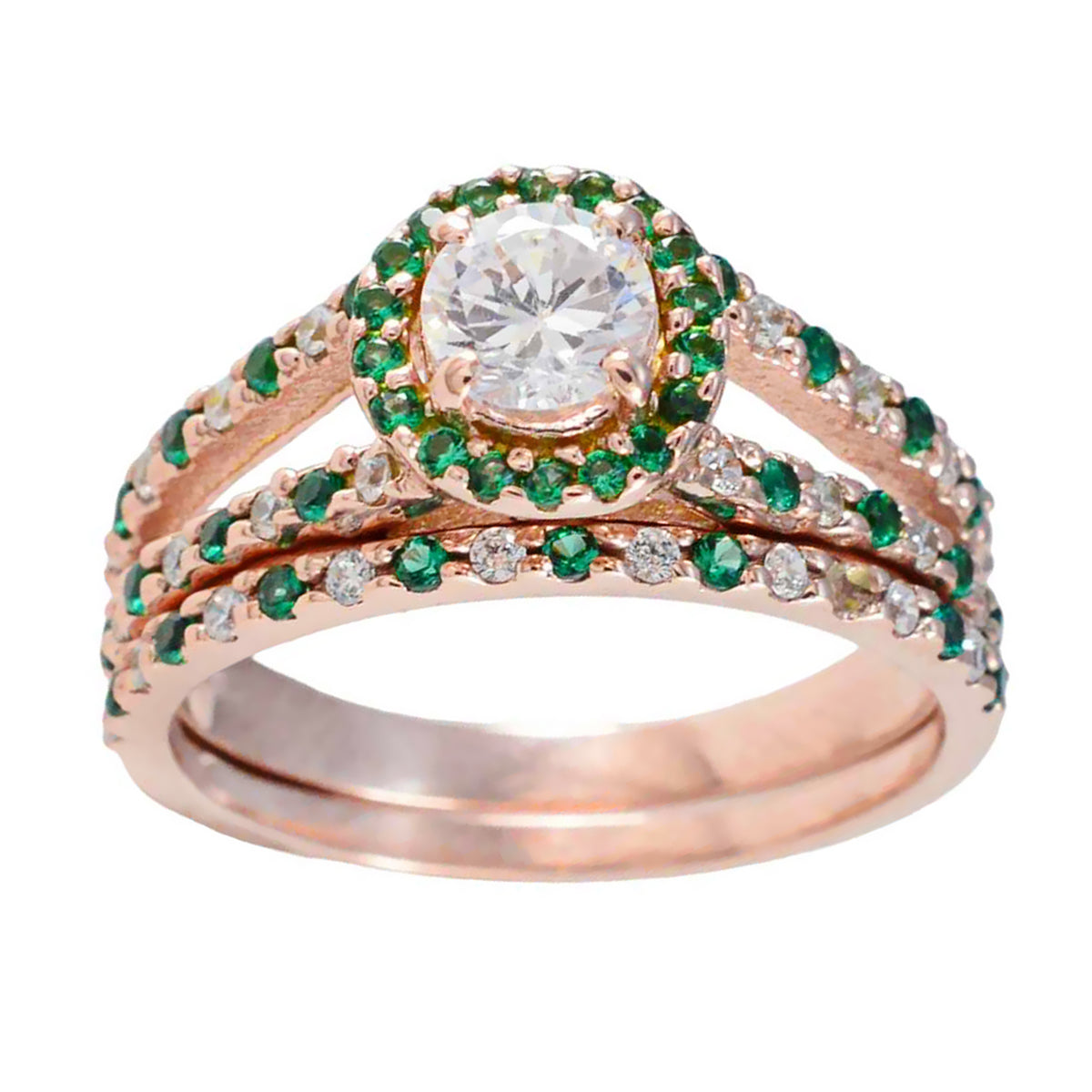 Riyo Umfangreicher Silberring mit Rosévergoldung, Smaragd-CZ-Stein, runde Form, Krappenfassung, Designer-Schmuck, Weihnachtsring