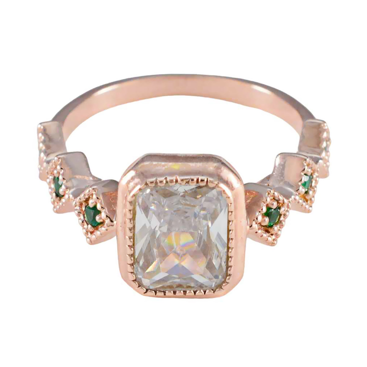 Riyo Gemstone Silver Ring With Rose Gold Plating Emerald CZ Stone Octagon Shape Bezel Setting  Jewelry Cocktail Ring