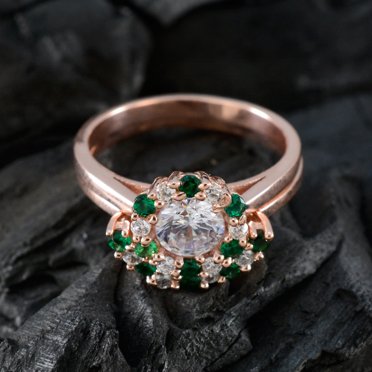 riyo underbara silverring med roséguldplätering smaragd cz sten rund form stiftsättning antika smycken påskring
