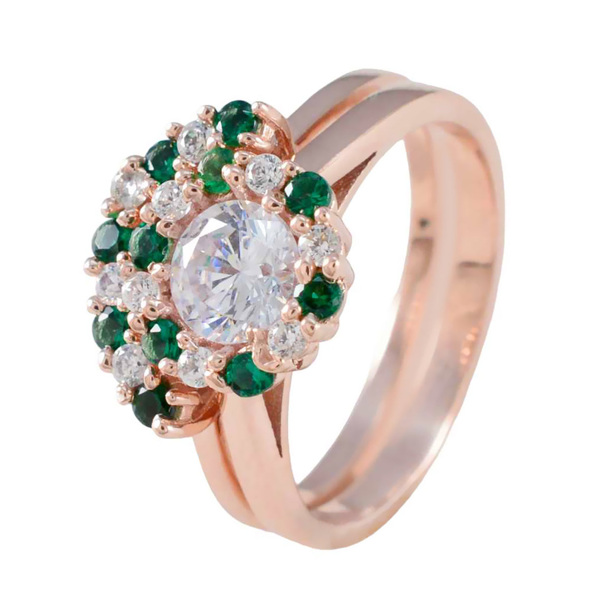 Precioso anillo de plata riyo con chapado en oro rosa, piedra de circonia cúbica esmeralda, ajuste de punta redonda, joyería antigua, anillo de Pascua
