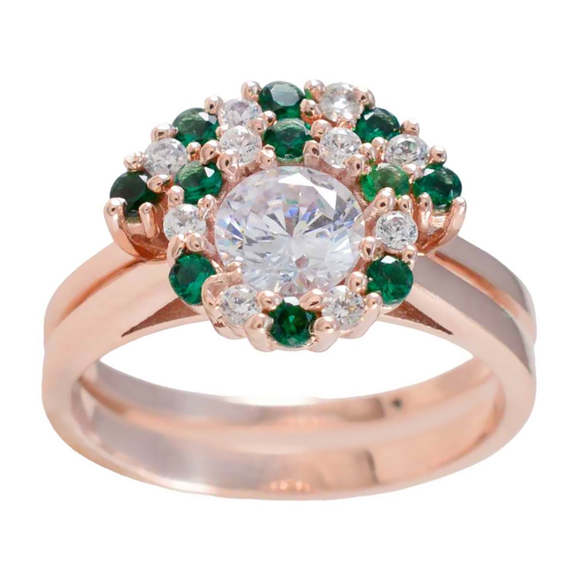 Riyo Prachtige zilveren ring met roségouden smaragdgroene CZ-steen Ronde vorm Prong Setting Antieke sieraden Paasring
