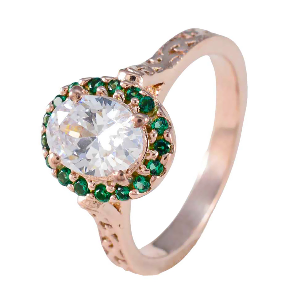 Riyo In Bulk Silver Ring With Rose Gold Plating Emerald CZ Stone Oval Shape Prong Setting Bridal Jewelry Engagement Ring