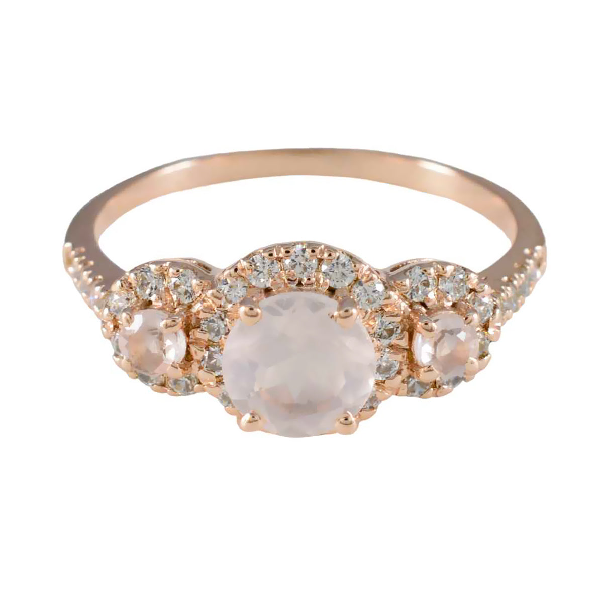 riyo smycken silverring med roséguldplätering rosékvartssten rund form stift inställning designer smycken nyårsring