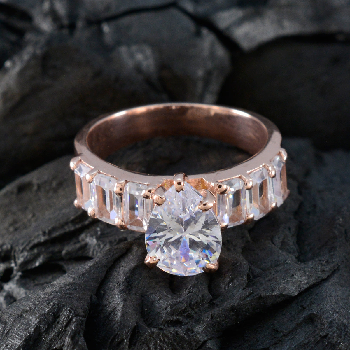 Серебряное кольцо Riyo India с покрытием из розового золота, белый камень cz, грушевидная форма, закрепка, дизайнерские украшения, обручальное кольцо