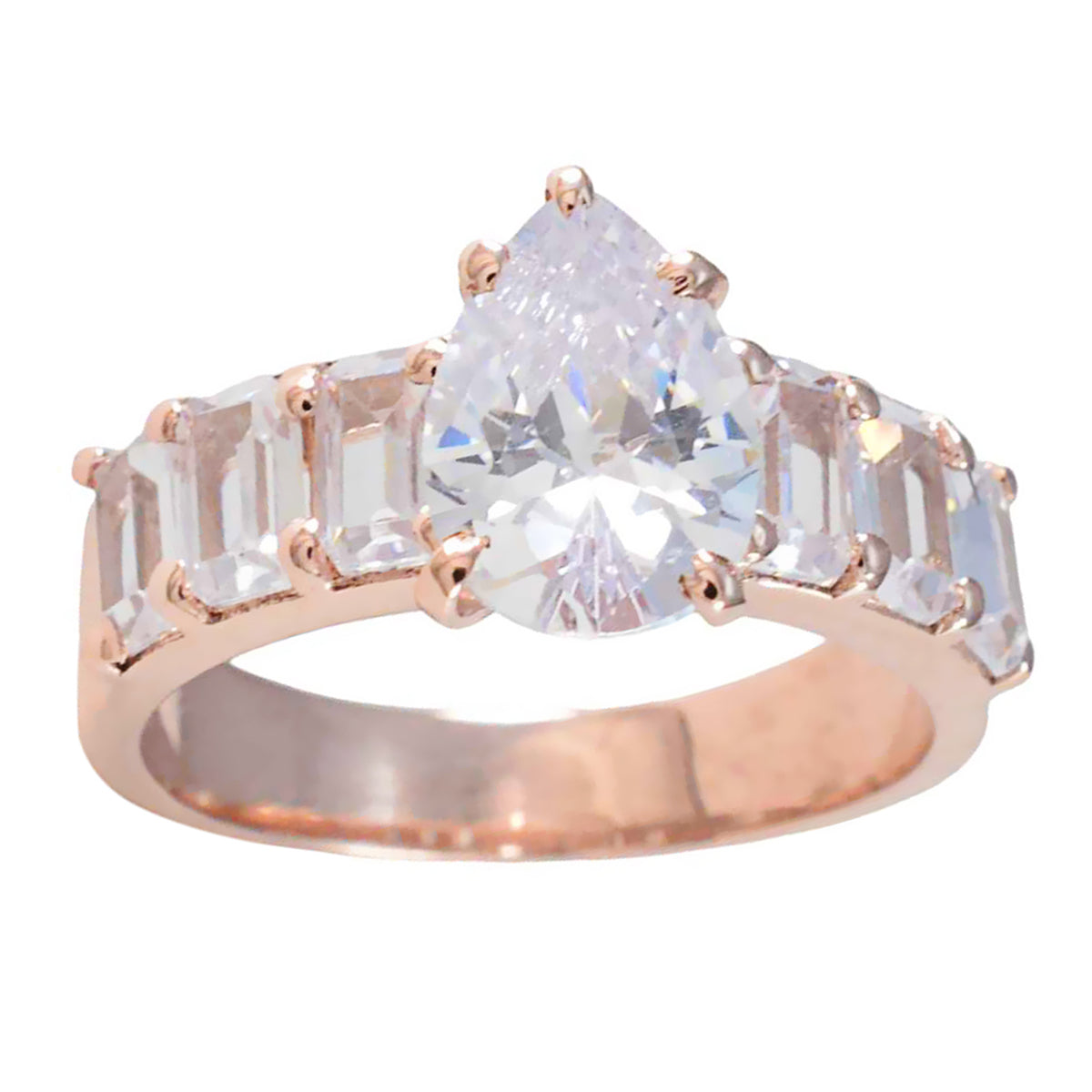 Riyo India Silver Ring With Rose Gold Plating White CZ Stone Pear Shape Prong Setting Designer Jewelry Engagement Ring