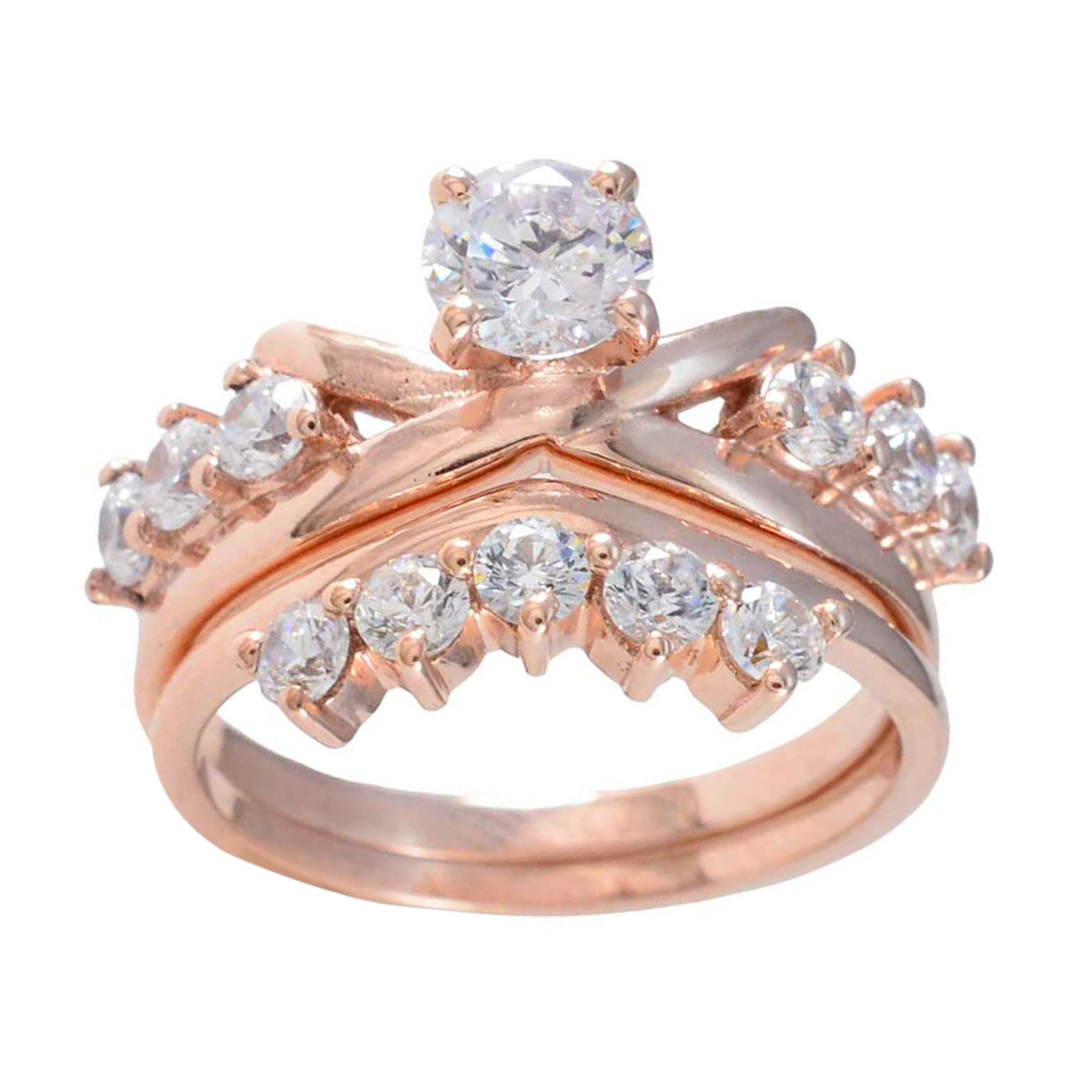 Anillo de plata a gran escala riyo con chapado en oro rosa, piedra cz blanca, ajuste de punta redonda, joyería hecha a mano, anillo para el día de la madre