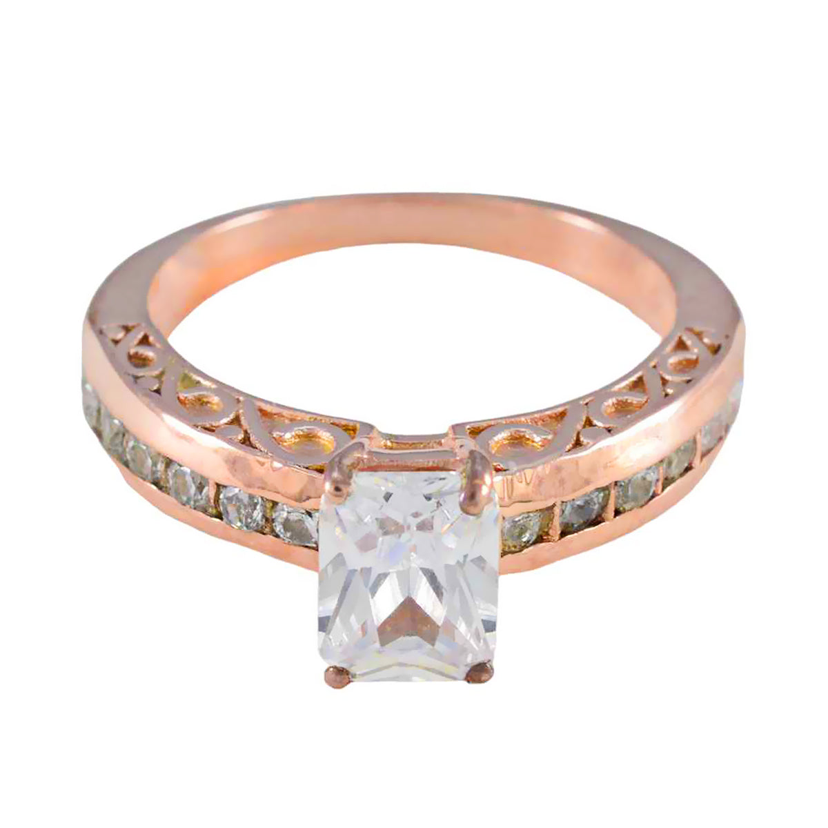 Riyo Mature Silver Ring With Rose Gold Plating White CZ Stone Octagon Shape Prong Setting Fashion Jewelry Valentines Day Ring