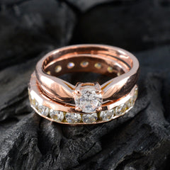 リヨ全体シルバーリングローズゴールドメッキホワイト cz ストーンラウンド形状プロングセッティングデザイナージュエリー結婚指輪