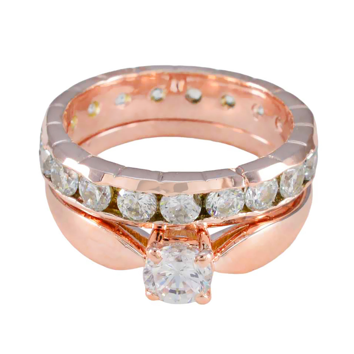 Riyo Overall Silver Ring With Rose Gold Plating White CZ Stone Round Shape Prong Setting Designer Jewelry Wedding Ring