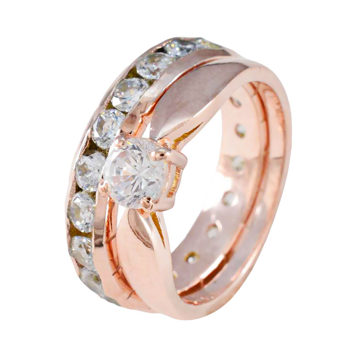 Anillo de plata general riyo con chapado en oro rosa, piedra cz blanca, ajuste de punta redonda, joyería de diseñador, anillo de boda