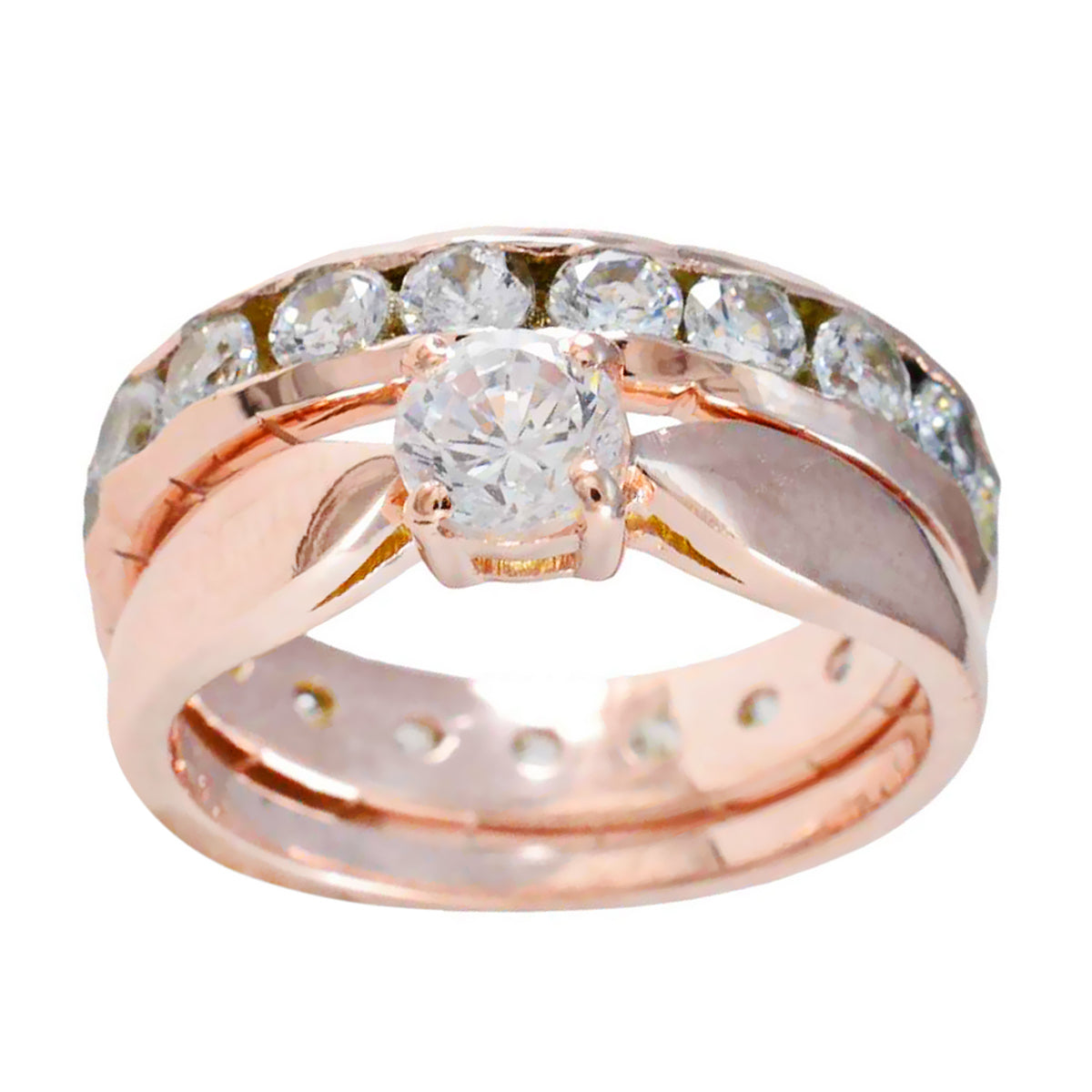 リヨ全体シルバーリングローズゴールドメッキホワイト cz ストーンラウンド形状プロングセッティングデザイナージュエリー結婚指輪