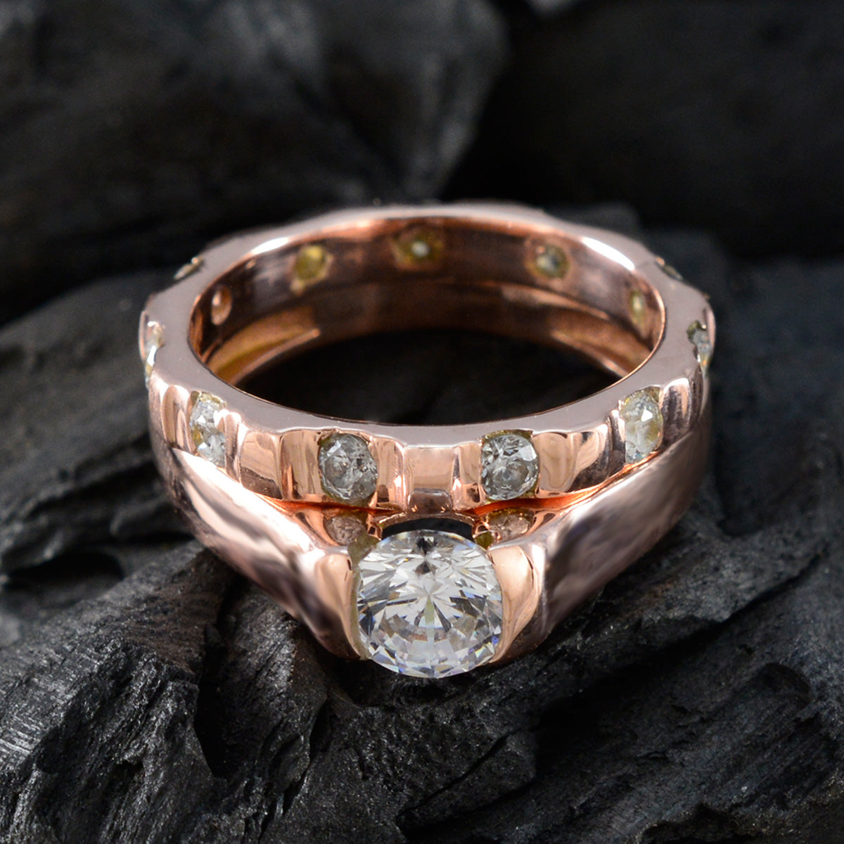 Серебряное кольцо riyo Perfect с покрытием из розового золота, белый камень cz, круглая форма, зубец, ювелирное кольцо, юбилейное кольцо