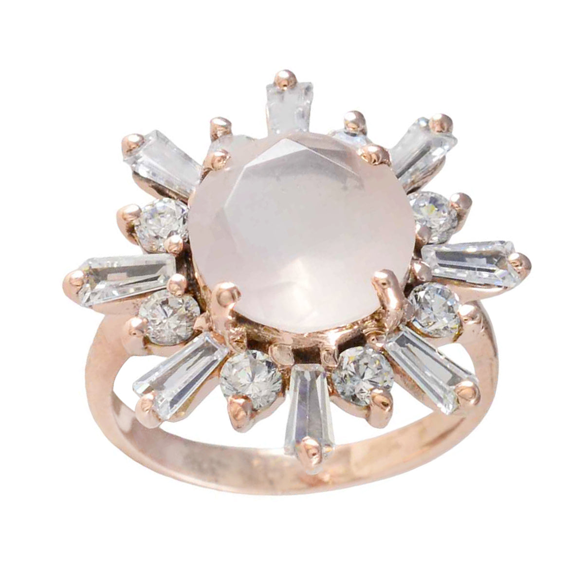 Anillo de plata raro riyo con chapado en oro rosa, piedra cz blanca, ajuste de punta redonda, joyería hecha a mano, anillo de Navidad