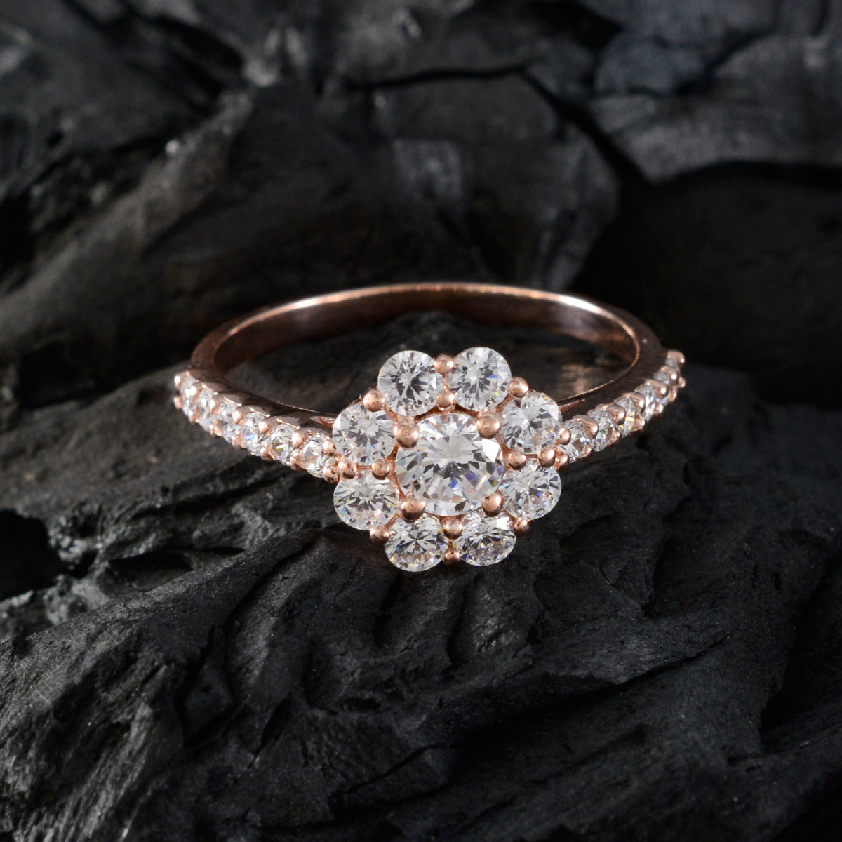 Riyo suministra anillo de plata con chapado en oro rosa, piedra blanca cz, ajuste de punta redonda, joyería de moda, anillo de compromiso