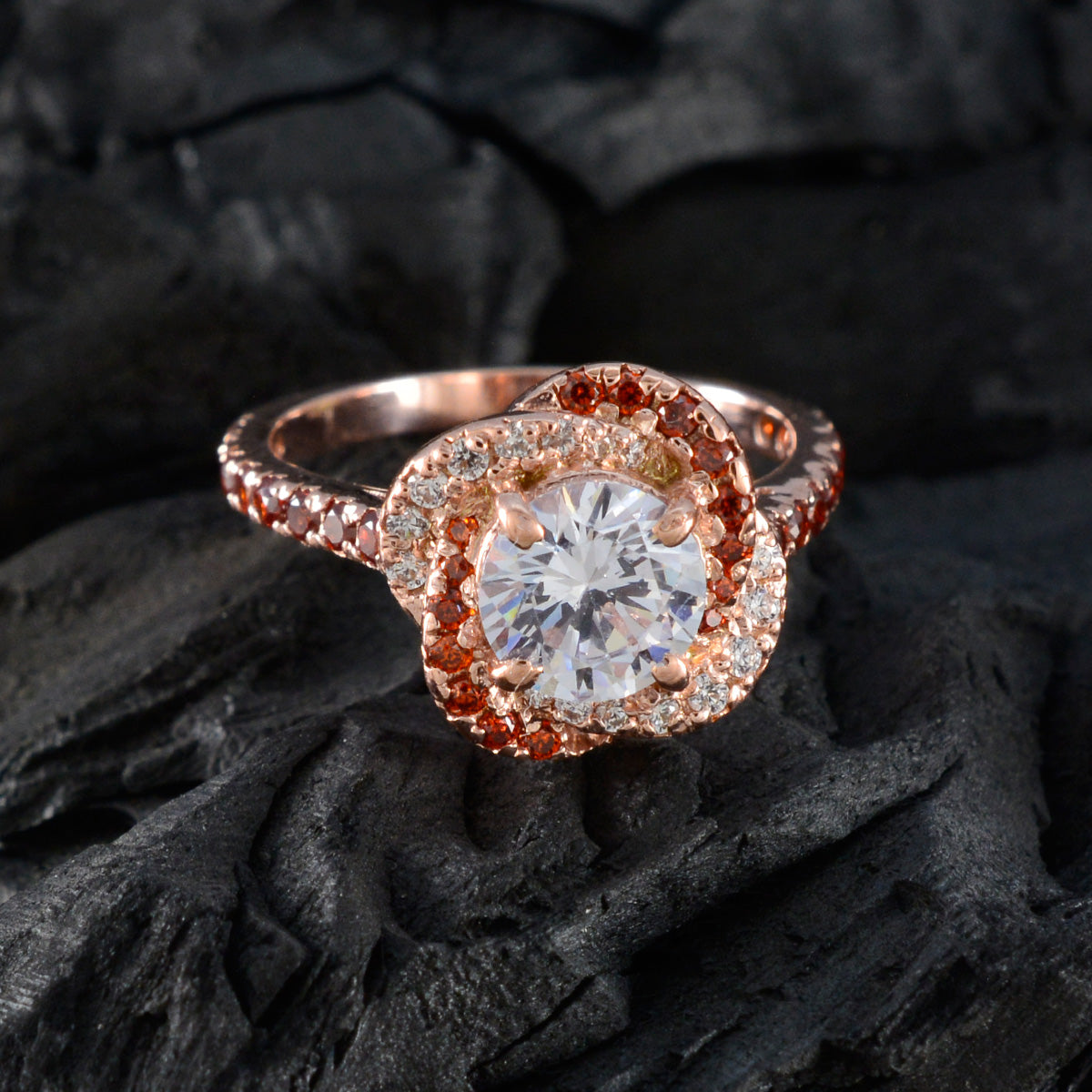 Кольцо Riyo Total из серебра с покрытием из розового золота, белый камень cz, круглая форма, зубец, ювелирное изделие, выпускное кольцо