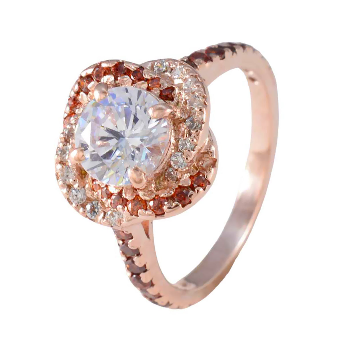 Anillo de plata total riyo con chapado en oro rosa, piedra cz blanca, ajuste de punta redonda, joyería, anillo de graduación