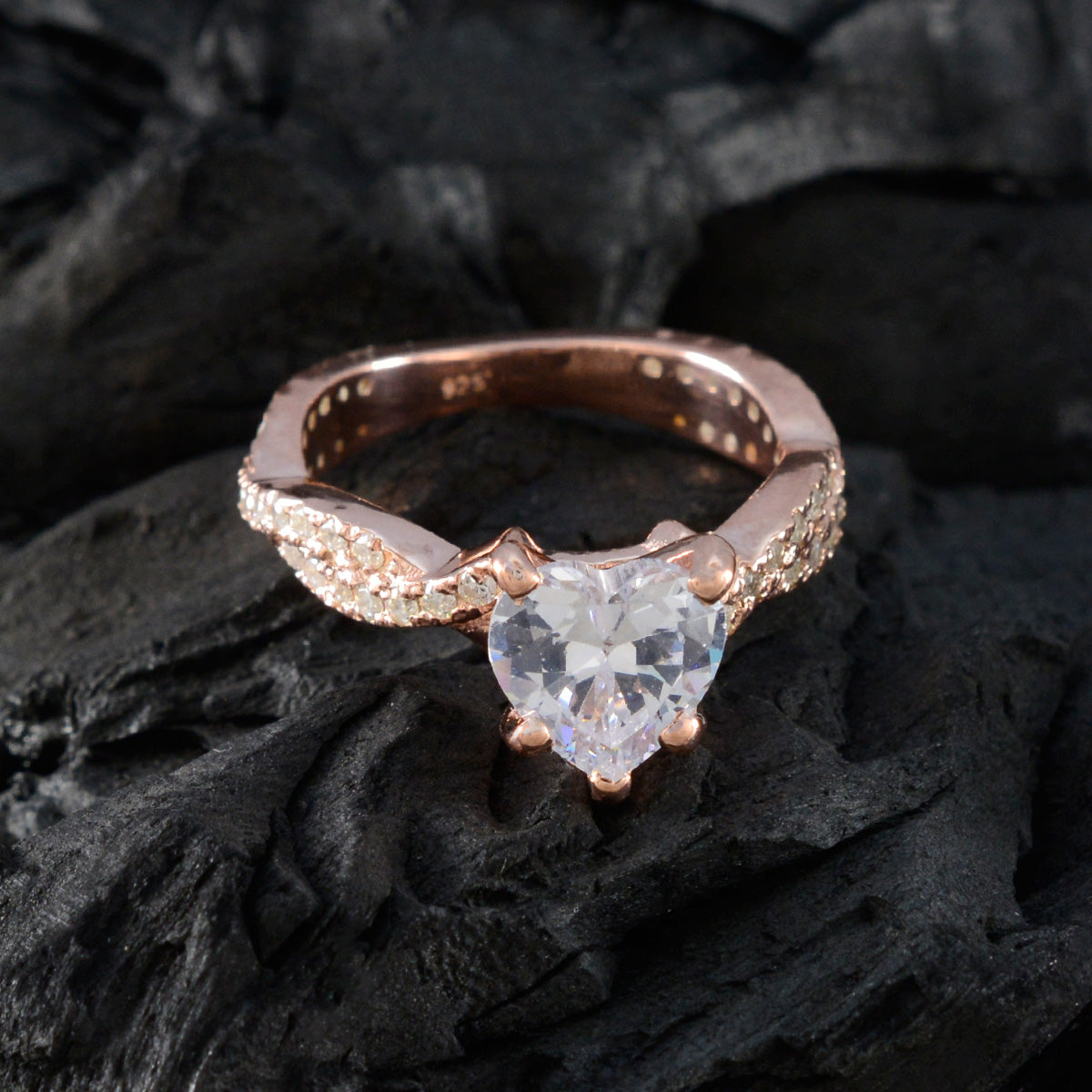 Riyo Vintage Silver Ring With Rose Gold Plating White CZ Stone Heart Shape Prong Setting Antique Jewelry Halloween Ring