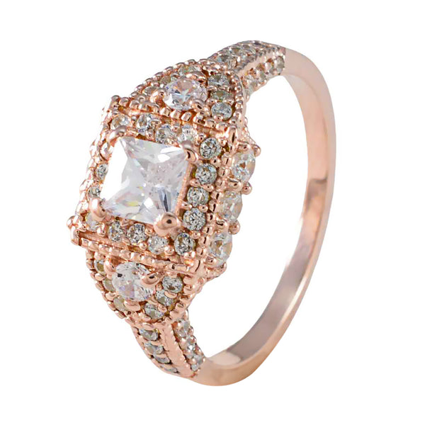 Riyo Attractive Silver Ring With Rose Gold Plating White CZ Stone square Shape Prong Setting Stylish Jewelry Valentines Day Ring