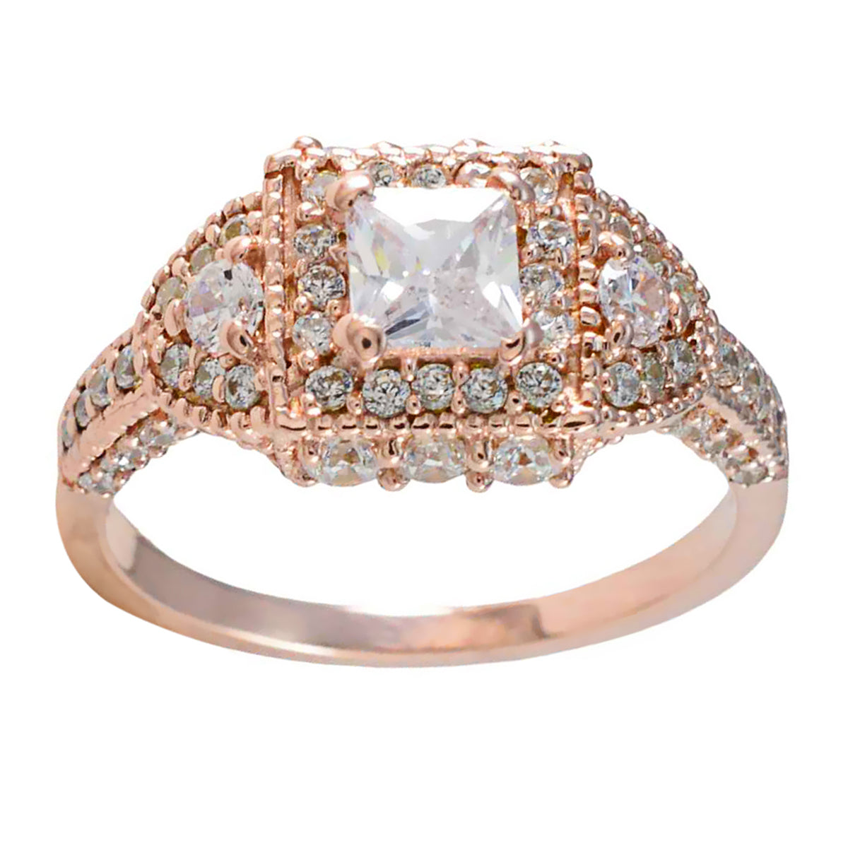 Atractivo anillo de plata riyo con chapado en oro rosa, piedra cz blanca, ajuste de punta cuadrada, joyería elegante, anillo del Día de San Valentín