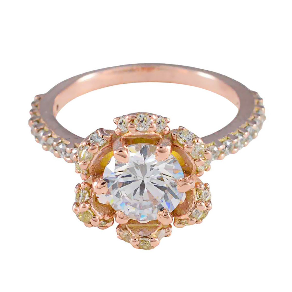 Riyo 美しいシルバーリングローズゴールドメッキホワイト cz ストーンラウンド形状プロングセッティングファッションジュエリー結婚指輪