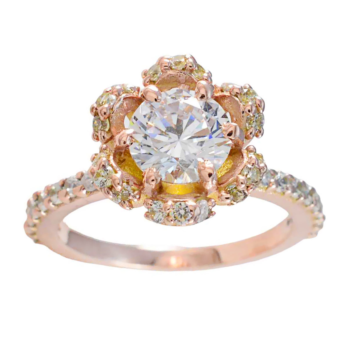 Hermoso anillo de plata riyo con chapado en oro rosa, piedra blanca cz, ajuste de punta redonda, joyería de moda, anillo de boda