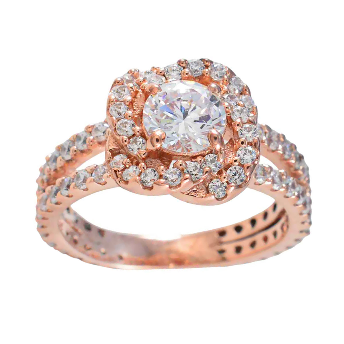 Anillo de plata completo riyo con chapado en oro rosa, piedra cz blanca, ajuste de punta redonda, joyería personalizada, anillo de Pascua