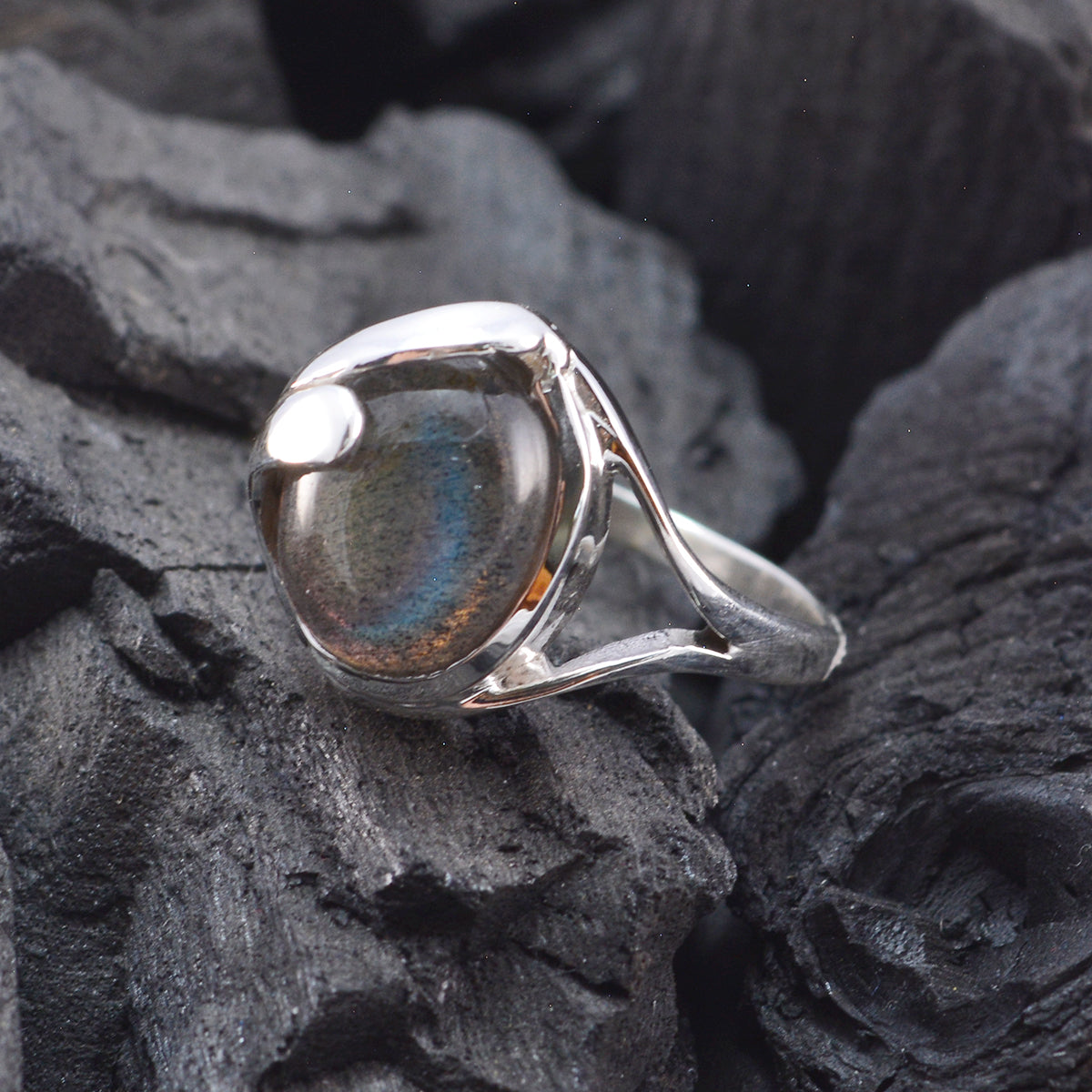 Riyo Charming Gemstone Labradorite Silver Ring Paw Print Jewelry