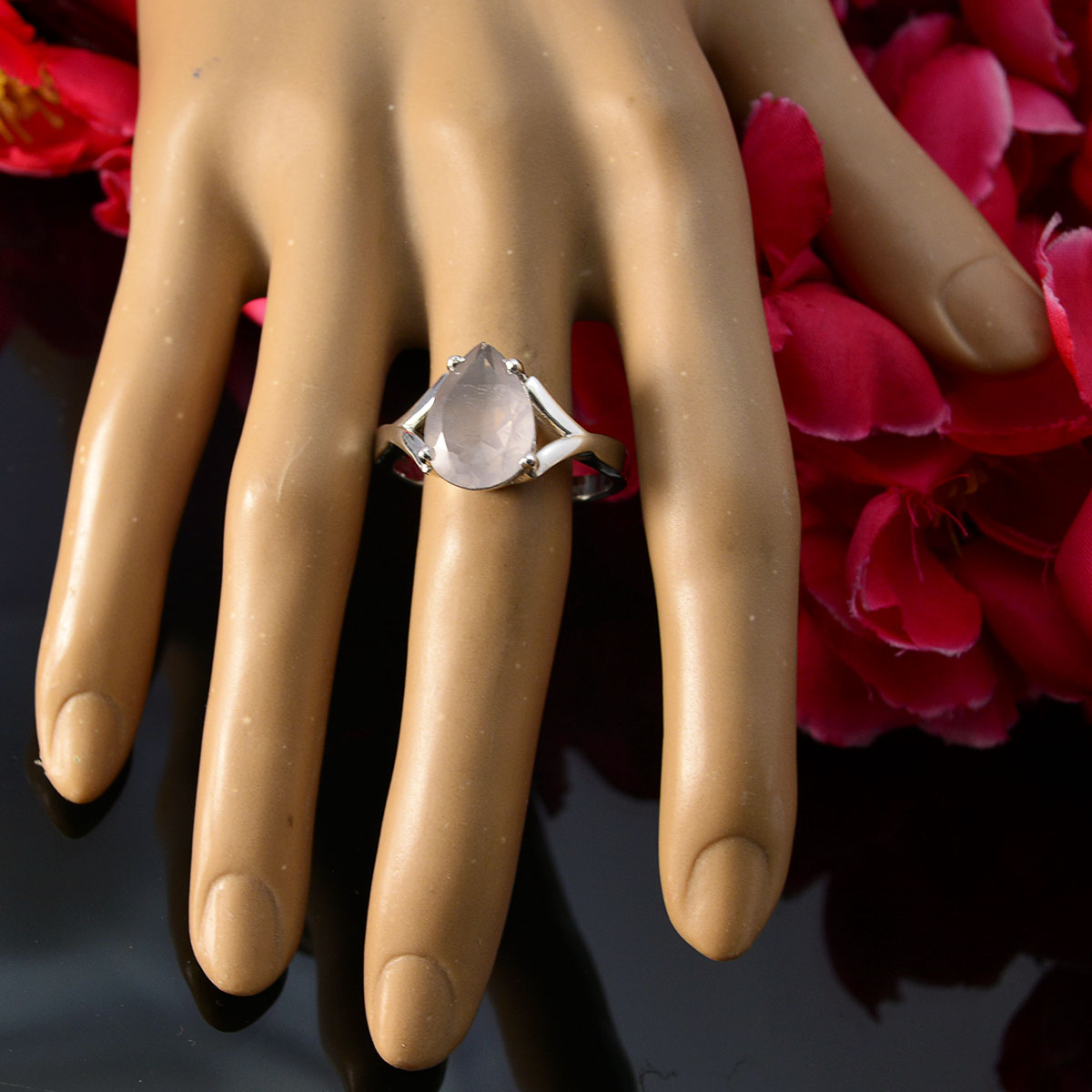 Riyo Delicate Gem Rose Quartz 925 Sterling Silver Ring Jewelry Cases