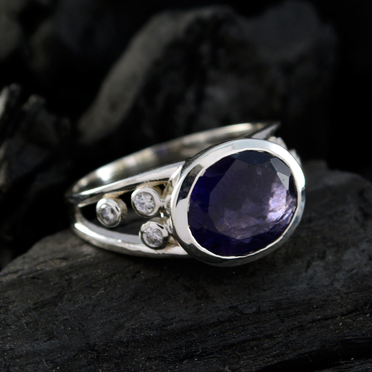 Riyo Designer Stone Amethyst Solid Silver Ring Gift For Christmas