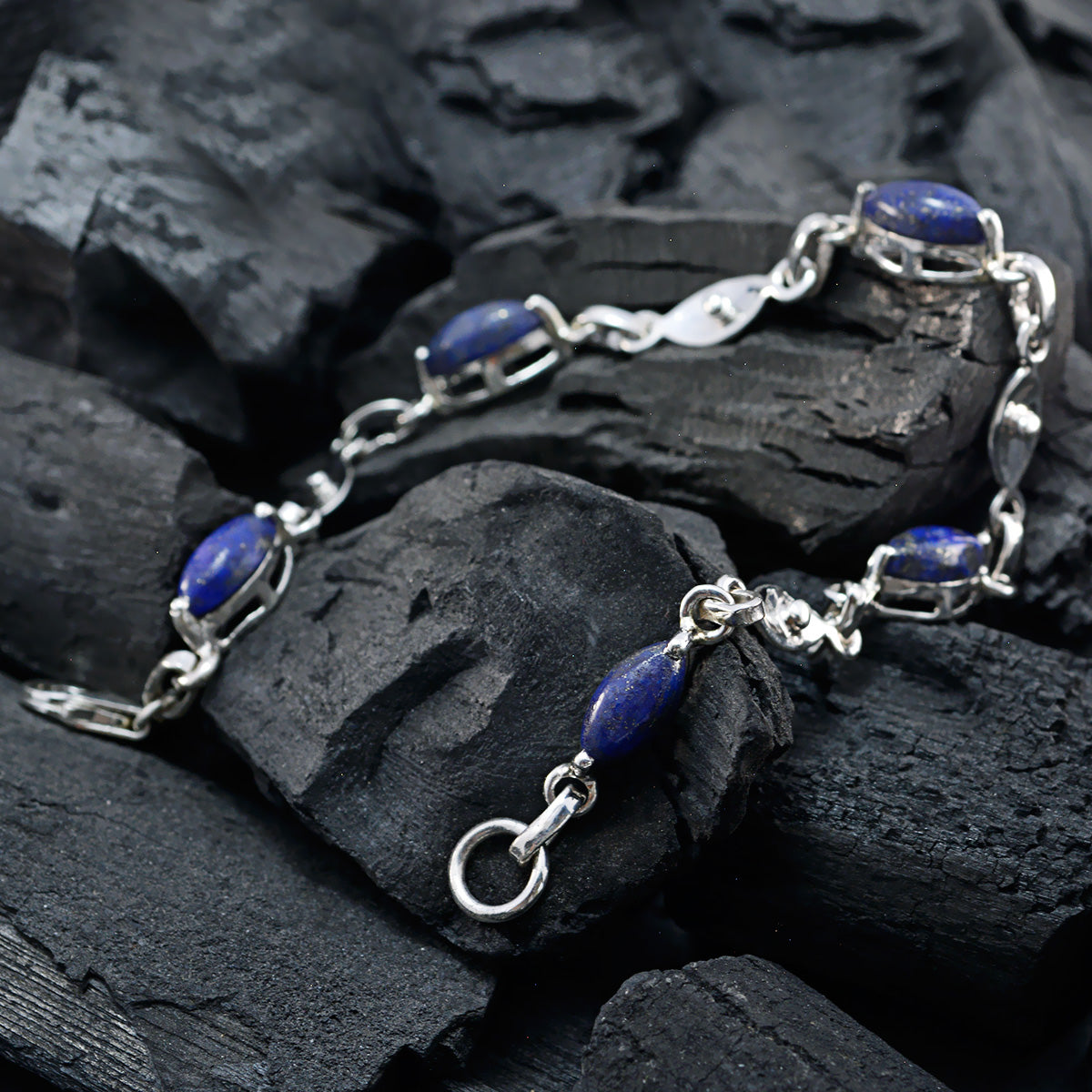 Riyo Genuine Gems Marquise Cabochon Navy Blue Lapis Lazuli Silver Bracelets mother gift