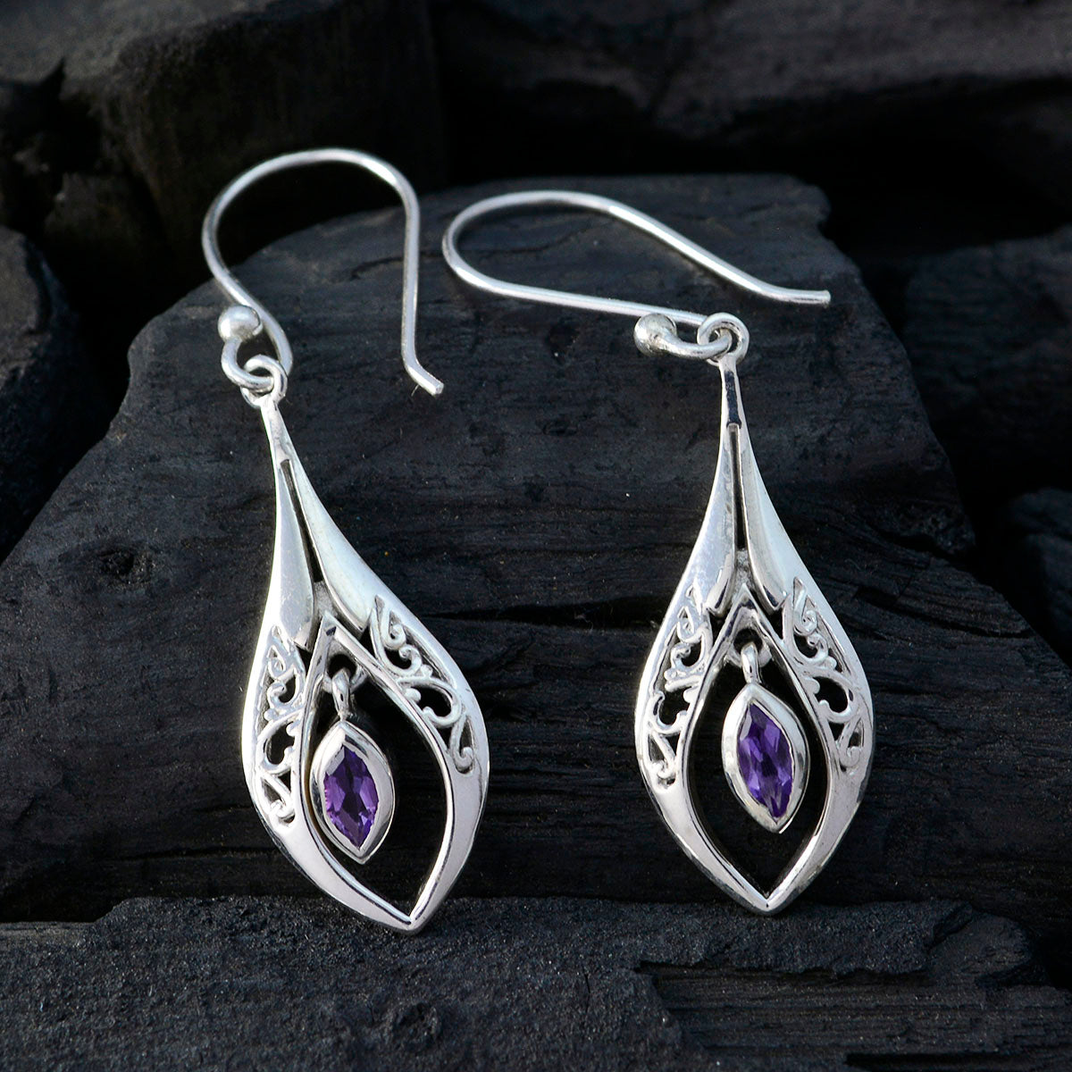 Riyo Genuine Gems Marquise Faceted Purple Amethyst Silver Earrings gift for friend