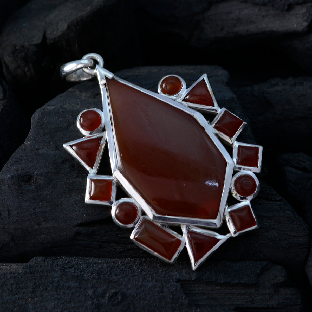 Riyo Genuine Gems Multi Shape Faceted Red Red onyx 925 Silver Pendant gift for anniversary day