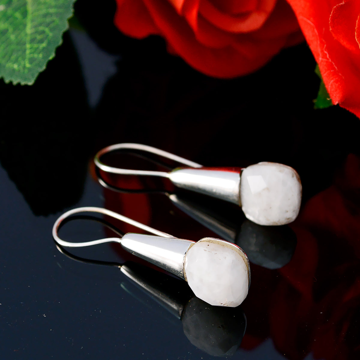 Riyo Genuine Gems Octogon Checker White Rainbow Moonstone Silver Earring valentine's day gift