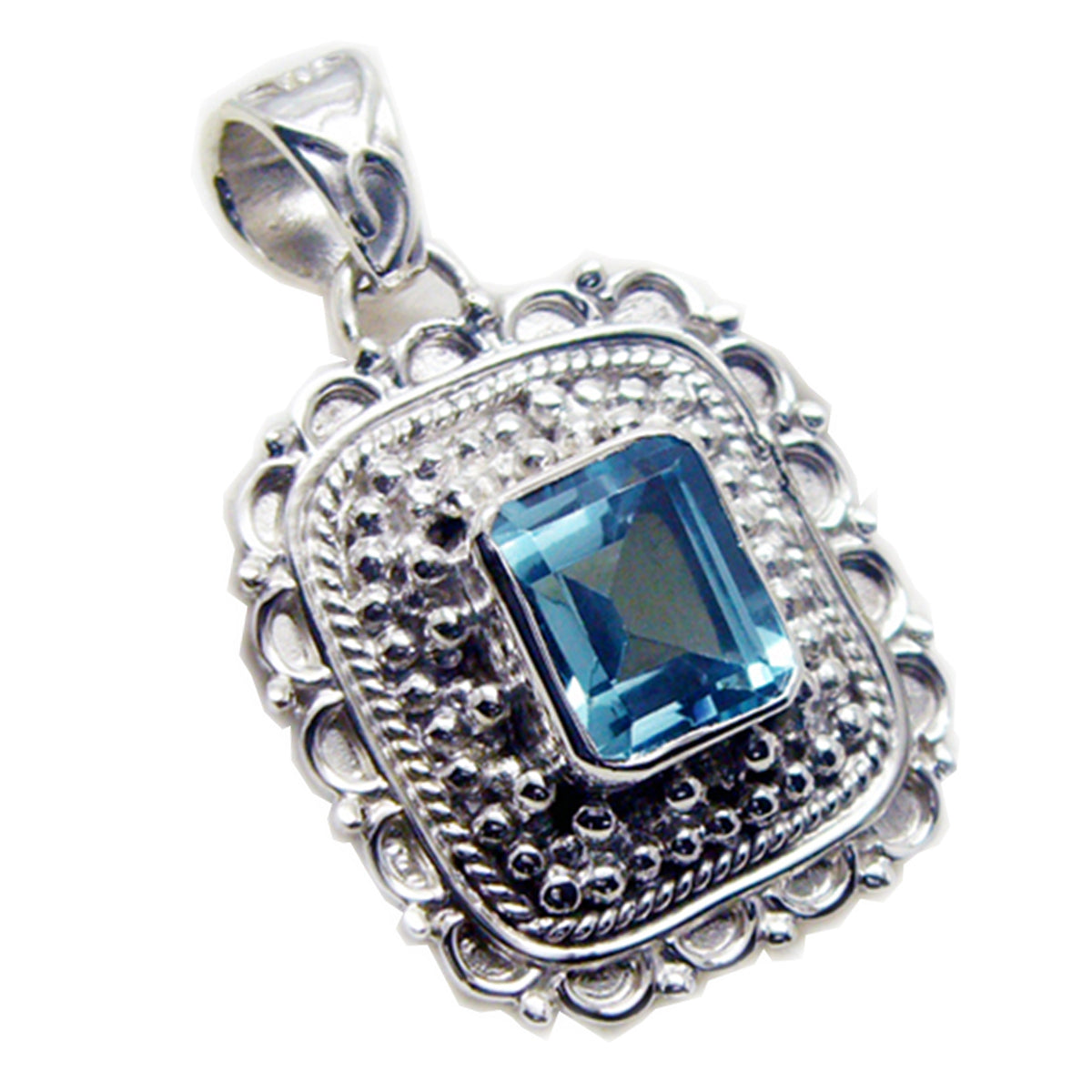 Riyo Genuine Gems Octogon Faceted Blue Blue Topaz Solid Silver Pendant gift for good Friday