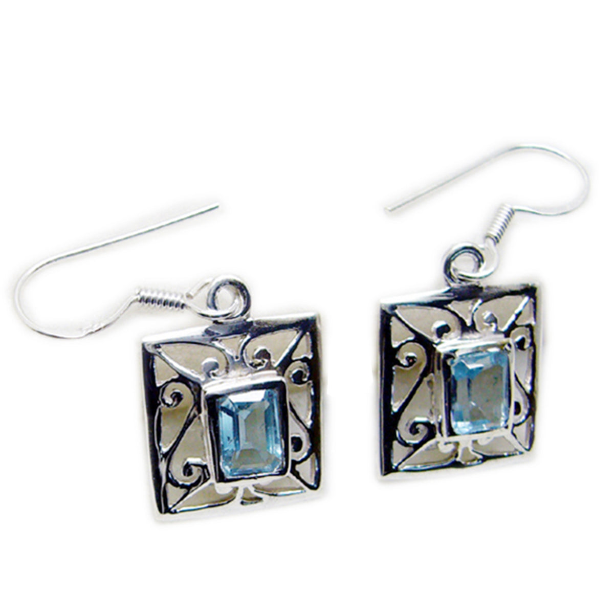Riyo Genuine Gems Octogon Faceted Blue Topaz Silver Earring mother's day gift