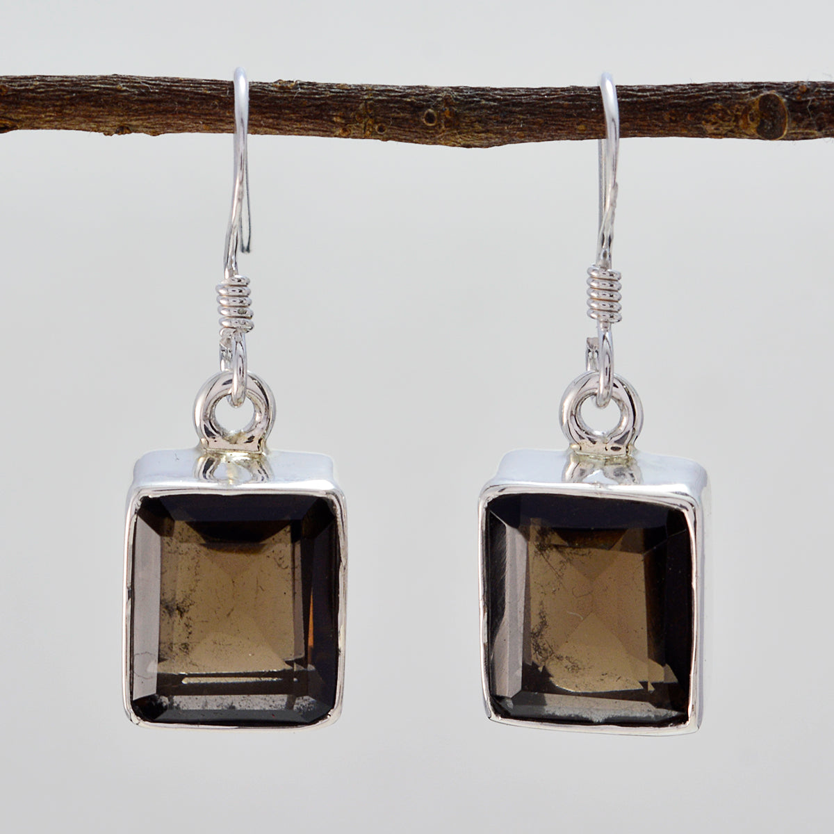 Riyo Genuine Gems Octogon Faceted Brown Smokey Quartz Silver Earring gift for mothers day