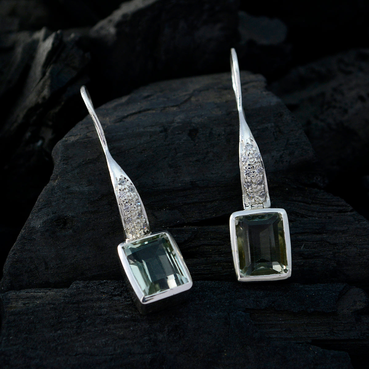 Riyo Genuine Gems Octogon Faceted Green Amethyst Silver Earrings moms day gift