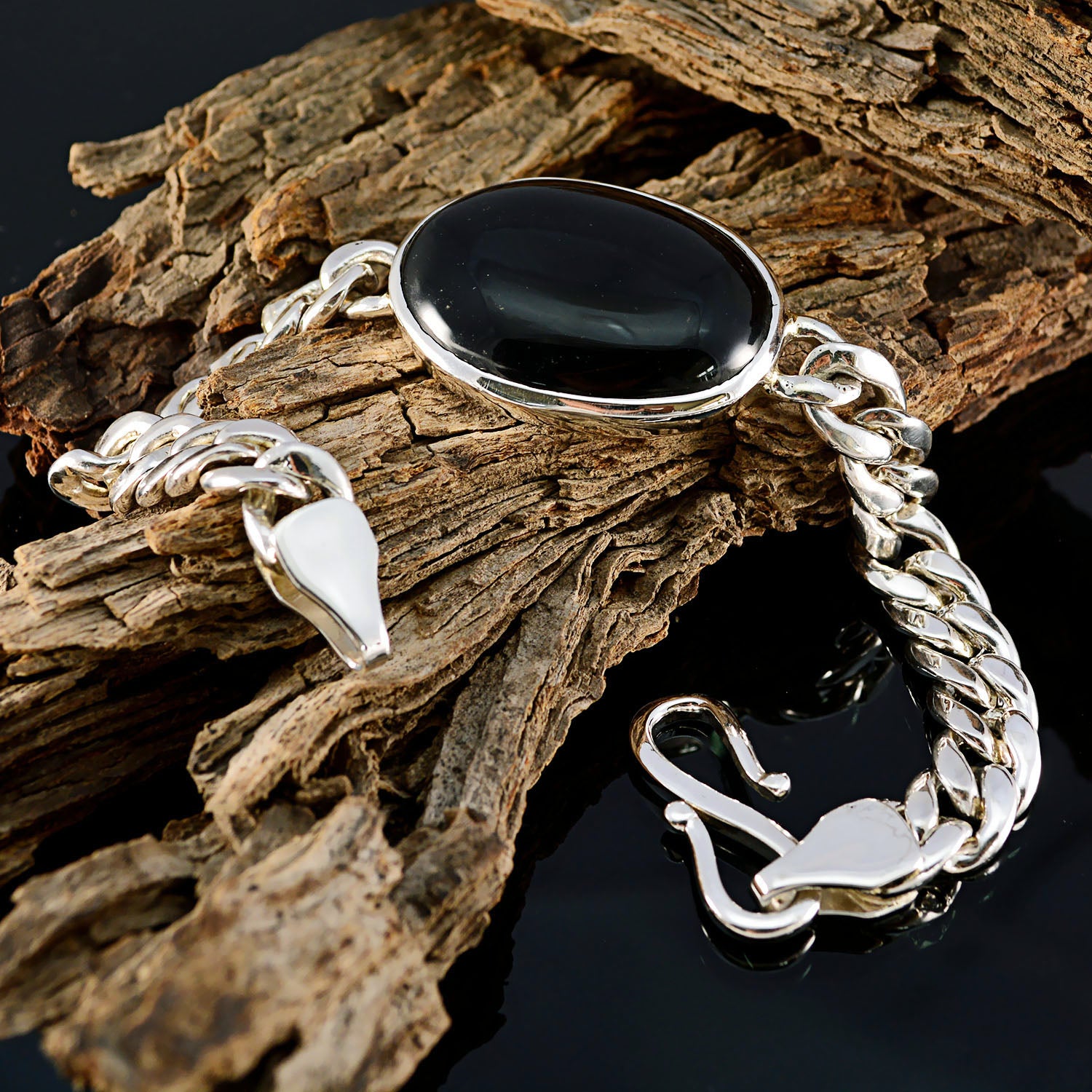 Riyo Genuine Gems Oval Cabochon Black Black Onyx Silver Bracelet gift for anniversary day
