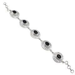Riyo Genuine Gems Oval Faceted Black Black Onyx Silver Bracelets gift for daughter's day